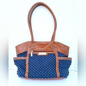 Chaps Womens Navy Blue leather polka dot tote bag